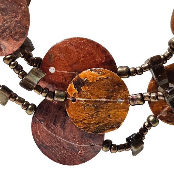 Handmade Boho Natural Shell Discs Bronze Beaded Necklace Multi Strand Jewelry - Picture 2 of 9